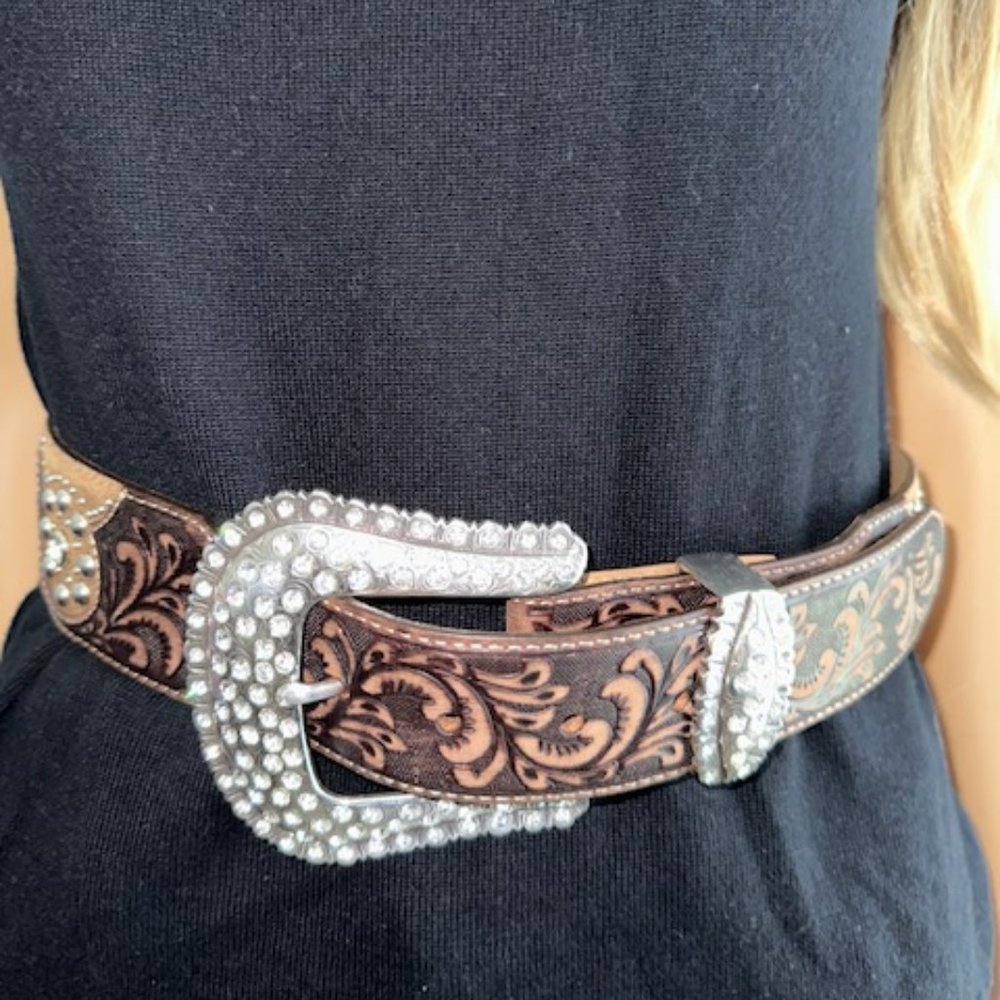 Brown Embellished Belt with Silver Buckle SIZE 30